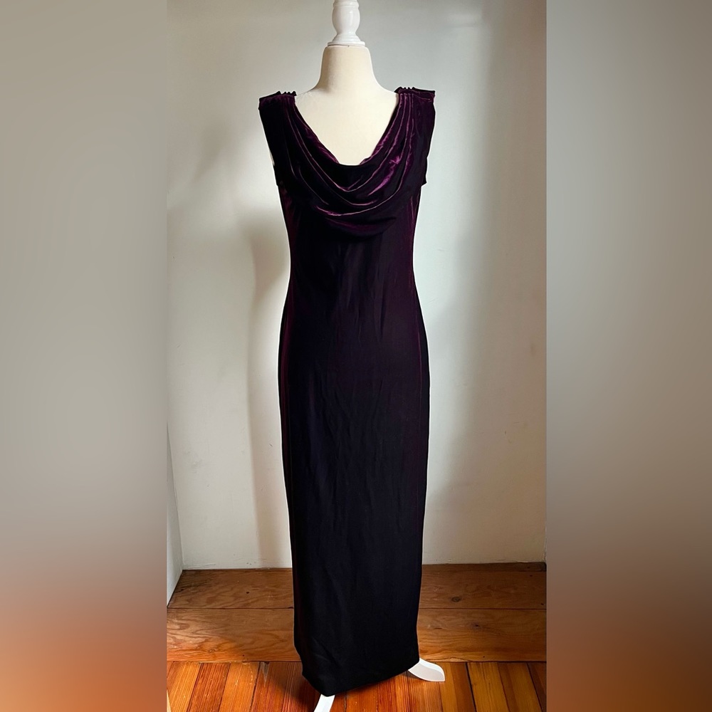 Alex Evenings dark purple plum velvet cowl neck gown, 10